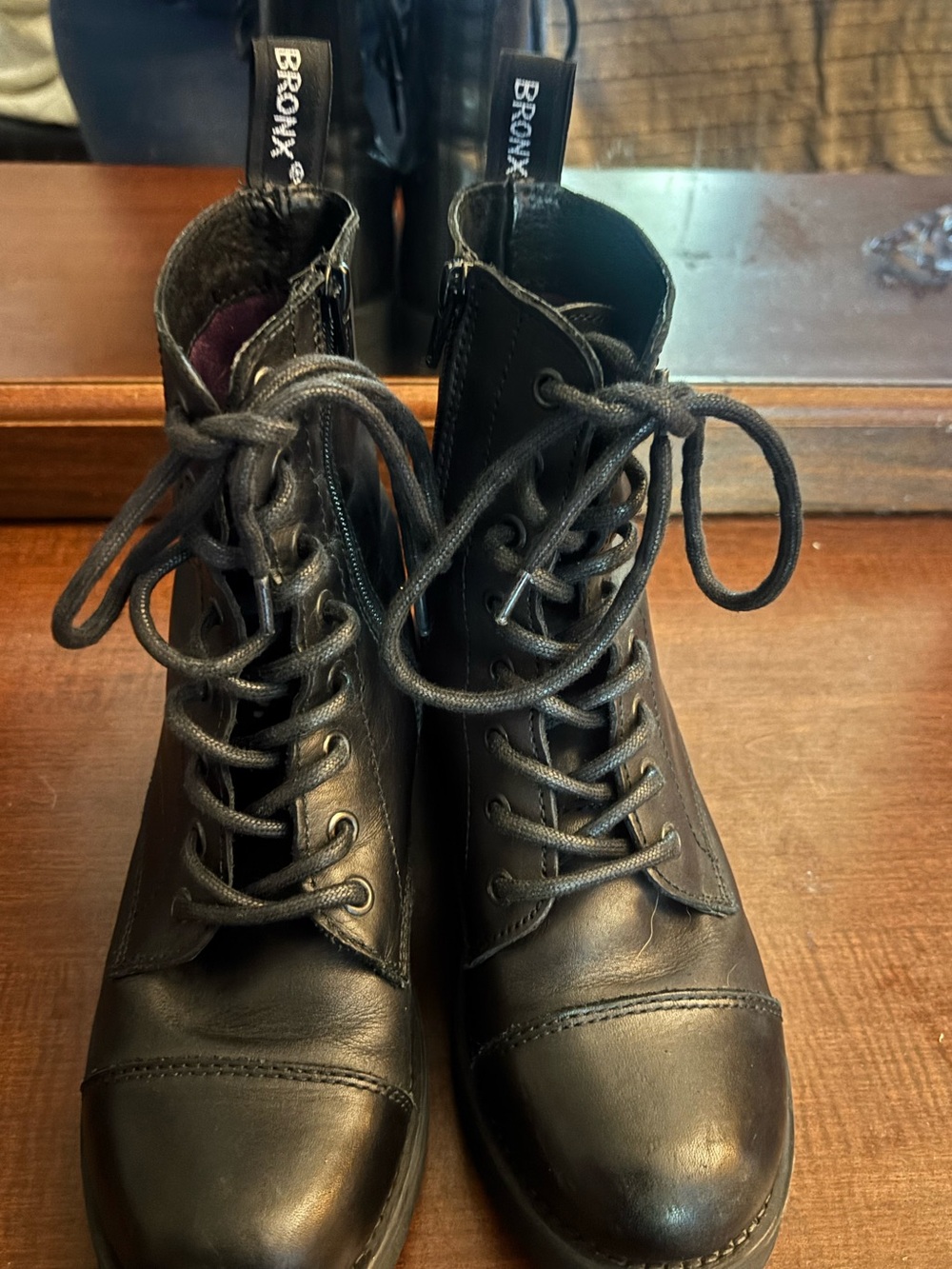 BRONX Black Leather Lace Up Combat Boots EU 38 Side Zip Lug Sole